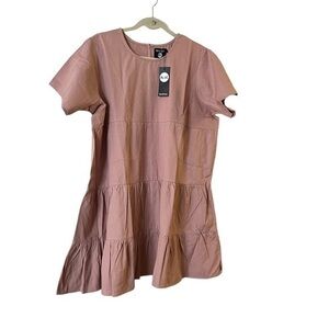 NWT! BOOHOO BLUE “Dusky Pink” Denim Tiered Smock Dress 100% cotton BW1224654